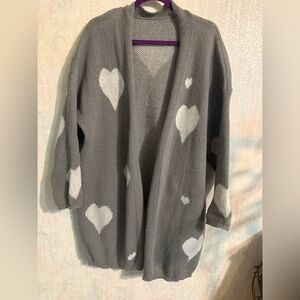 Source Unknown Gray Long Cardigan with White Heart Print, Cottagecore, Cozy, 1X